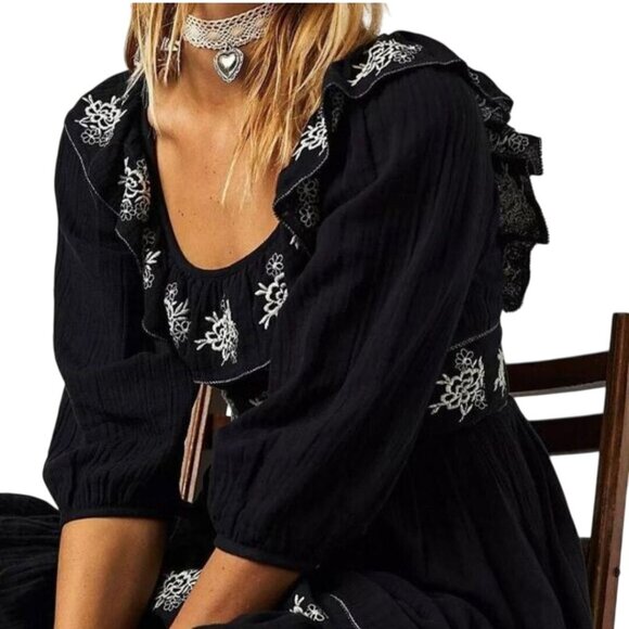 Free People Lovers Lane Maxi Dress Black Embroidered Peasant Size S - Picture 5 of 12